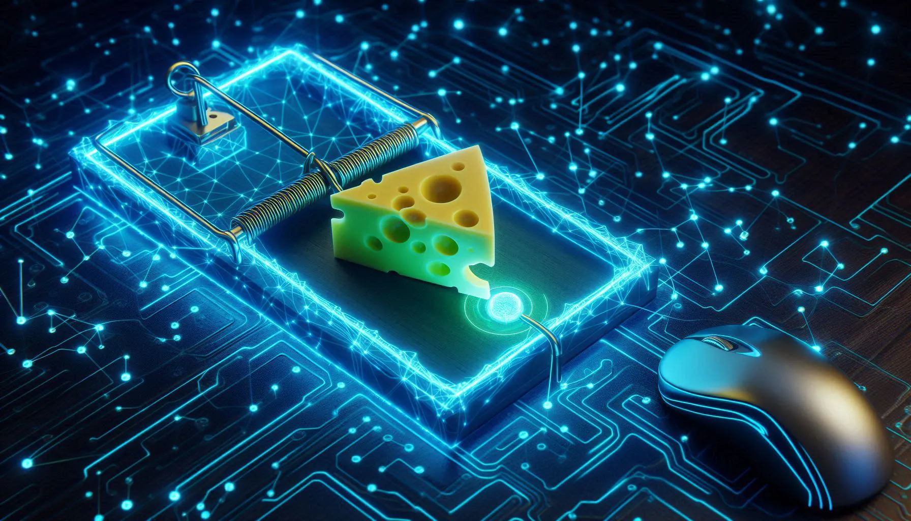 Computermaus vor einer digitalen Mausefalle.