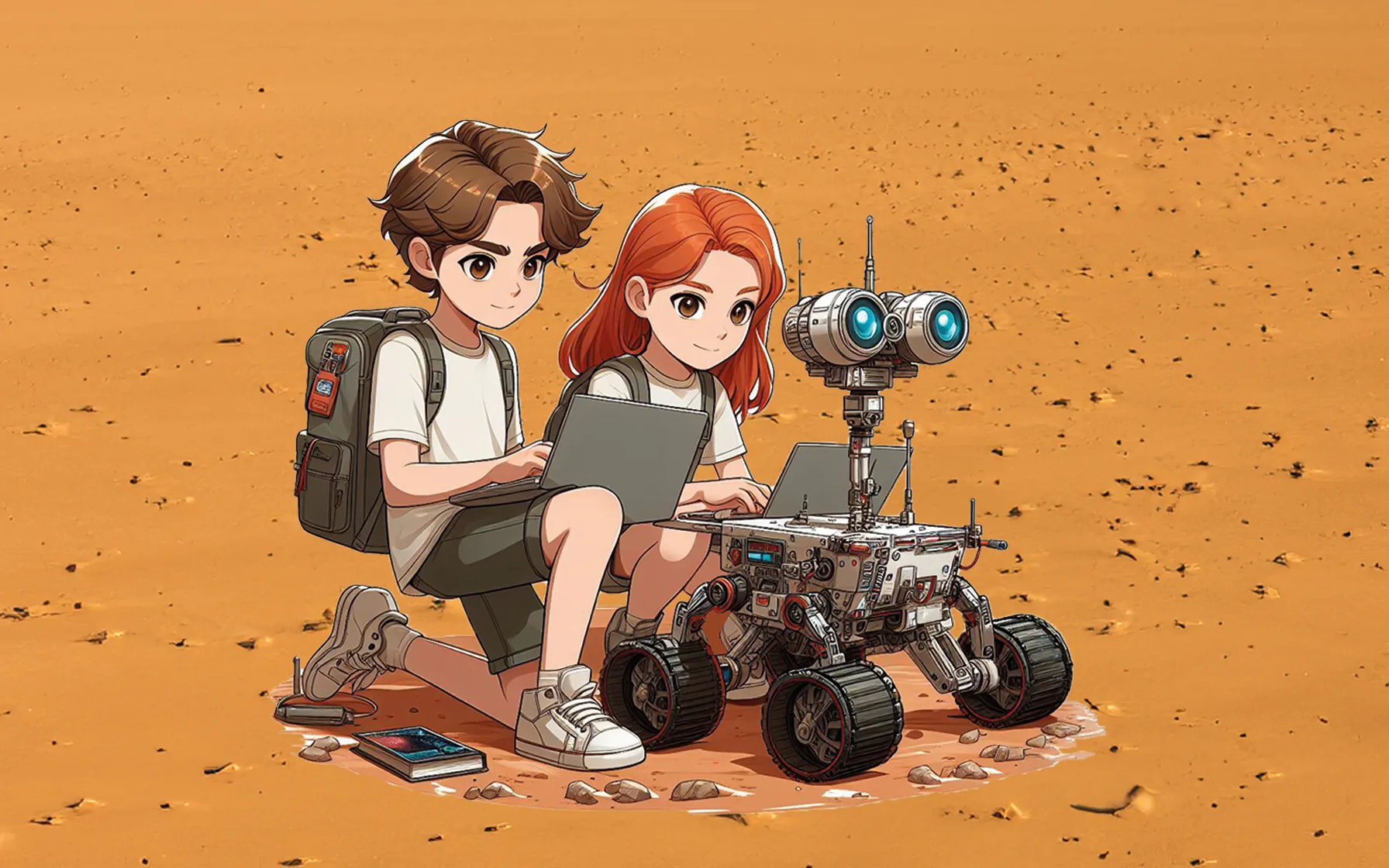 Zwei Kindern mit Laptops, die mit einem Mars-Rover ähnlichen Roboter experimentieren.
